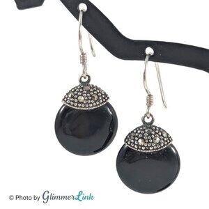 Vintage ATI Sterling Silver Marcasite Black Onyx Dangle Earrings